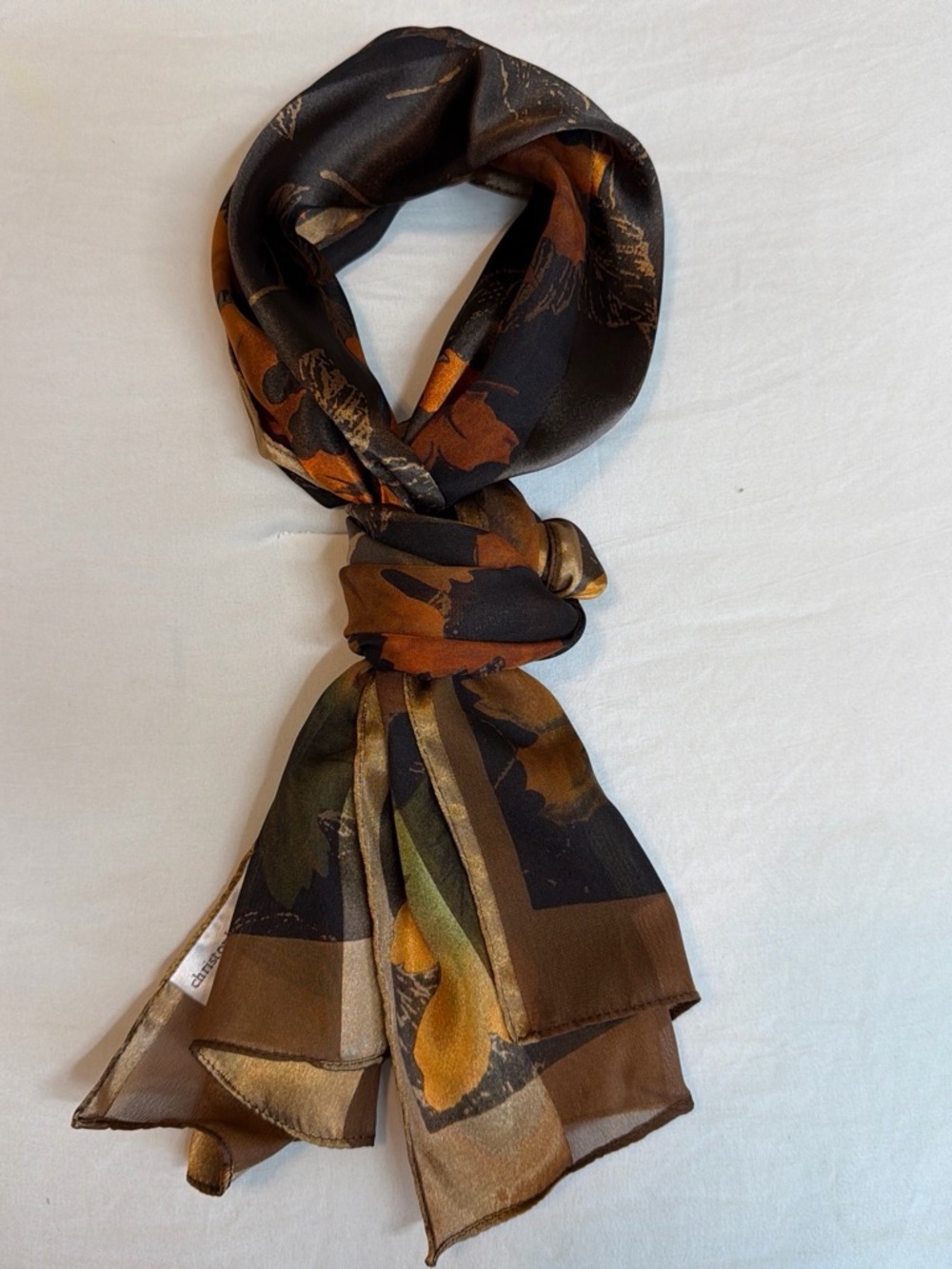 Christopher & Banks Brown, Black Fall Leaves Silk-Look Scarf